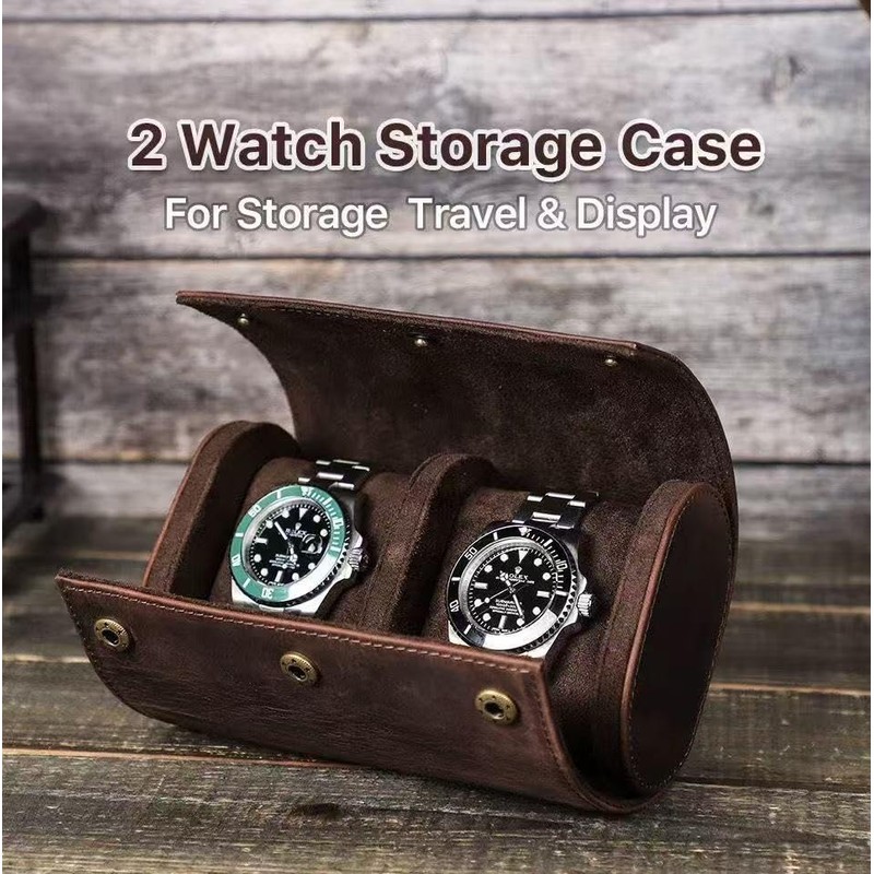 UPRESYE Genuine Leather Watch Roll Travel Case,2 Slots Full Grain