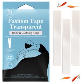BLOOMORA Fashion Tape – Double Sided Clothing Tape for Women & Men – 100 Transparent Strips (3” x 0.5”) – Waterproof Body & Dress Tape – Fabric Tape for Clothes, Skin, Straps & More