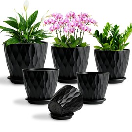 Plant Pots, Self Watering Planters with Drainage Holes and Trays, Flower Pots for Indoor Outdoor - 6 Pack(4/5/6/6.5/7/8 Inch) (Black)