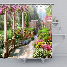 SPXUBZ Shower Curtain The Road Through The Park With Pillars Flower Garden Scenery Pattern Bath Curtain Washable Polyester Fabric Bathroom Curtains with 12 Hooks 72 x 72 Inch