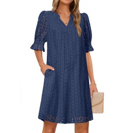MEROKEETY Women's 2025 Summer Short Sleeve Mini Dress V Neck Ruffle Hollow Out Eyelet Lace Dresses, Navy, Medium