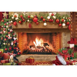 Msocio 8x6ft Polyester Fabric Christmas Fireplace Backdrop Vintage Xmas Tree Sock Background Photography for Kids Portrait Party Decorations Photo Studio Booth Props Decor Supplies
