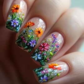 Spring Press On Nails Long Square Fake Nails Full Cover False Nails With Flower Daisy Designs Artificial Acrylic Nails Flower Nails Press Ons Glossy Glue On Nails Stick On Nails For Women