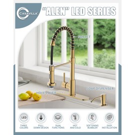 Casavilla LED Kitchen Faucet, Brushed Gold Kitchen Faucet with Soap Dispenser and Deck Plate, Faucet for Camper Farmhouse RV Kitchen Sink, Single Handle Kitchen Sink Faucets with Pull Down Sprayer