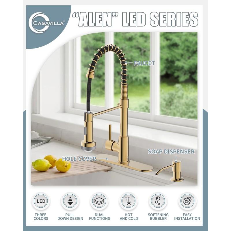 Casavilla LED Kitchen Faucet, Brushed Gold Kitchen Faucet with Soap