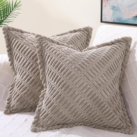 decorUhome Decorative Khaki Throw Pillow Covers 18x18 Set of 2 with Splicing, Boho Soft Corduroy Broadside Twill Pillow Covers for Couch Bed Sofa Living Room