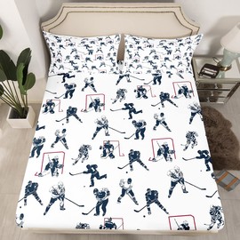 Ice Hockey Bed Sheet Set Queen Kids Sports Event Bedding Set Hockey Player Fitted Sheet for Boys Bedroom Decor Soft Winter Sports Hockey Puck Bed Cover, 1 Fitted Sheet+2 Pillowcases（No Flat Sheet）