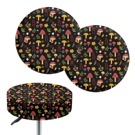 Wanyint Mushroom Floral Print Bar Stool Covers Round-2 Pack High Stretch Circle Stool Cushion-14-16 Inch Round Stool Slipcovers for Coffee Office