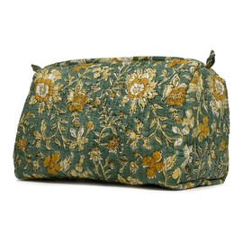 Cotton Hand Block Floral Print Toiletry Bag For Women Make Up Cosmetic Bag Jewelry Organizer Kit Storage Bag Case Travel Accessories Essential Toiletries Purse Open Pouch, Green, Set of 1, Toiletry