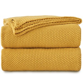 Longhui bedding Mustard Yellow Cotton Cable Knit Throw Blanket for Couch Sofa Bed, Home Decorative Lightweight Knitted Blankets with Bonus Laundering Bag, 50“ x 60”, Machine Washable