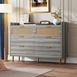 GarveeHome Dresser TV Stand with Railed Edge, 6 Drawer Double Dresser, Mid Century Modern Gold Closet Dresser with High Legs, Rattan Design, Large Storage Organizer for Bedroom, Living Room, Walnut