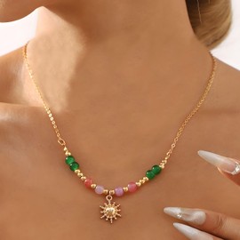 Dtexhif Sun Pendant Necklace Colorful Beaded Gold Necklace Beach Summer Necklaces Jewelry for Women (Gold)