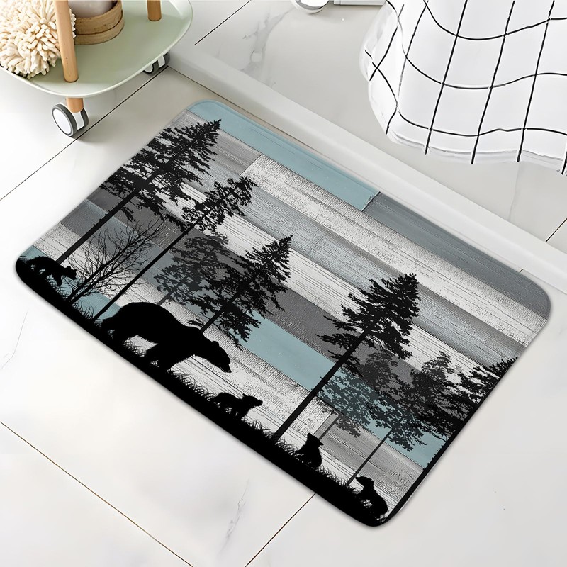 Rustic Bear Bathroom Rugs Cabin Retro Wooden Board Tree Fall