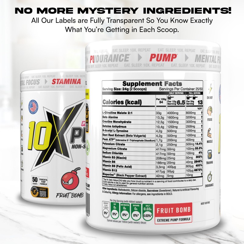 10X Athletic Non Stim Pre Workout No Caffeine Beta Alanine
