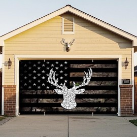 American Flag Hunting Garage Door Cover Banner Decorations, Western Country Deer Rustic Camo Outdoor Car Garage Door Murals Buddy Decorations Backdrops Party Wall Decor Extra Large 16 X 7 Ft