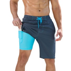 SILKWORLD Mens Swim Trunks with Compression Liner 10" Swim Shorts Quick Dry Bathing Suit Swimming Trunks Zipper Pockets, (Dark Gray), 38