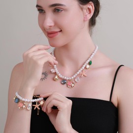 Winssigma Faux Pearl Necklace and Bracelet Set with Multiple Charms - Starfish, Seashell, Coral, Cherry, Strawberry and Camellia Costume Jewelry Set(Seashell Starfish)