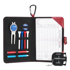 Handy Picks Golf Scorecard Holder n Yardage Book Cover - Divot Repair Tool, Ball Marker, Golf Tees, Scorer, Pencil n Scorecards Included - Gift for Golfers (Dark Red)