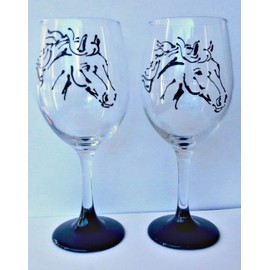 Black Stallion Horse Hand Painted Wine Glasses Set of 2