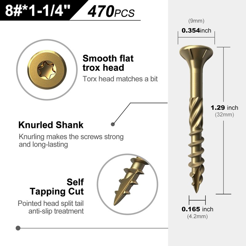 Haespot 470PCS #8 x 1-1/4" Wood Screws, Self-Tapping Drive Deck
