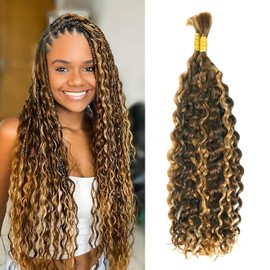 Human Braiding Hair for Boho Braids, 24 Inch Human Hair Braiding Hair Water Wave Boho Hair for Braiding Knotless 12A 4/27 Highlights Curly Bulk Human Hair for Braiding Bohemian 2 Bundles/Pack 100G