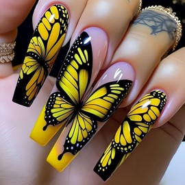 French Tip Press on Nails Butterfly Stick on Nails Long Coffin Fake Nails Gradient Glue on Nails Glossy Full Cover Acrylic Nails Multiple Colors to Choose Reusable Nails Kit from for Women Girl 24Pcs