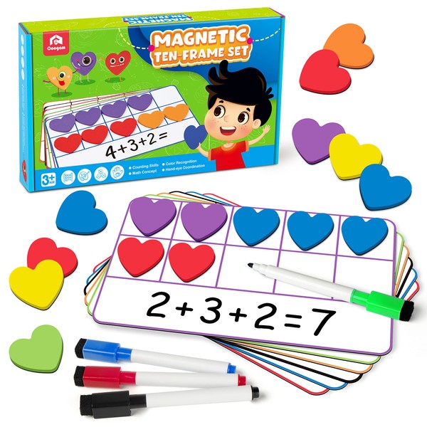 Coogam Magnetic Ten Frame Set, Math Manipulative Games for Kids with 6 Ten Frames 60 Magnetic Math Counters, Montessori Educational Toy Gift for Preschool Kindergarten 3 4 5 Year Old Toddlers