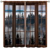 Misty Forest Landscape Curtains, Wooden Window Forest Mountain Rustic Bedroom