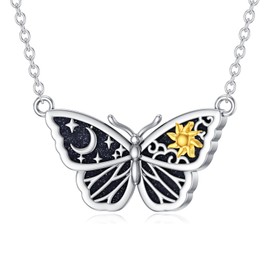 Reaii Natural Blue Sandstone Butterfly Necklace for Women 925 Sterling Silver Butterfly Pendant with Sun Moon Elements Genuine Blue Sandstone Jewelry Gifts for Her