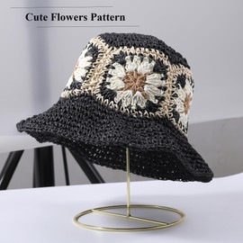 GUYIBET Straw Bucket Hat Women Sun Cap Crochet Mesh Woven Wide Brim Floppy, Floral Black Brown, 6 3/4-7 1/2