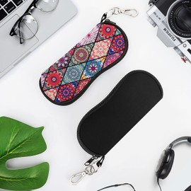 MoKo Glasses Case, Pack of 2 Lightweight Neoprene Zip Sunglasses Bag with Belt Clip for Glasses Frame Portable Case for Keys Pencils Cards Black + Diamond Shaped Datura Apple