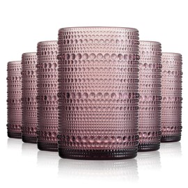 Wongblee Hobnail Drinking Glasses Set of 6, Vintage Colored Glassware 14.5oz, Tall Beverage Glass Cups for Water, Juice, Cocktail (Purple)