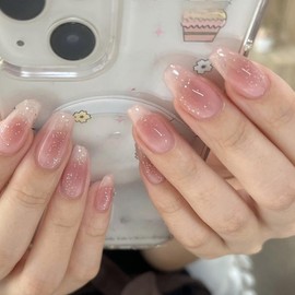 24pcs Short Coffin False Nails Red Ombre Press on Nails Glittery Fake Nails Ballerina Stick on Nails Removable Glue on Nails Acrylic Nail Tips Women Nail Accessories