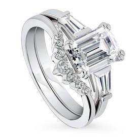 BERRICLE Sterling Silver 3-Stone Wedding Engagement Rings 2.1 Carat Emerald Cut Cubic Zirconia CZ Wishbone Ring Set for Women, Rhodium Plated Size 6.5
