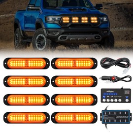 Nilight 8PCS Led Strobe Lights with Controller 12V 24V Sync Feature Amber Strobe Light 12 LED Surface Mount Emergency Hazard Warning Lights with Strobe Controller for Vehicle Car Truck RV ATV