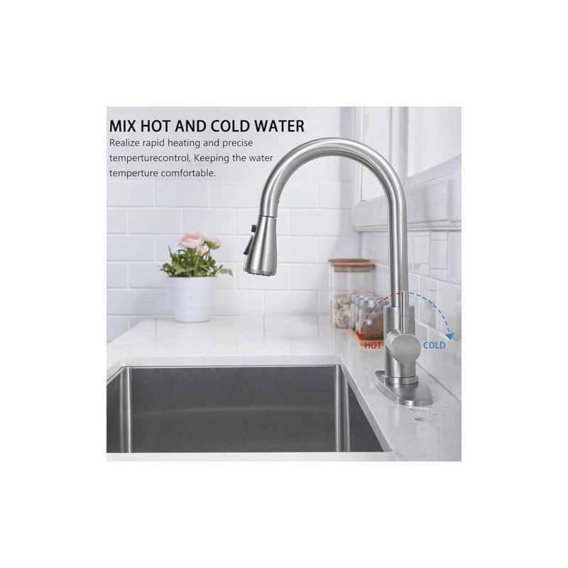 HOTIS Kitchen Faucet with Pull Down Sprayer, Brushed Nickel Stainless