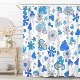 Umpoo Blue Mushrooms Bathroom Shower Curtain Retro 70s 60s Funky Floral Hippie Boho Style Shower Curtain Washable Durable Fabric Home Decorative Shower Curtain with Hooks, 72x84 Inch