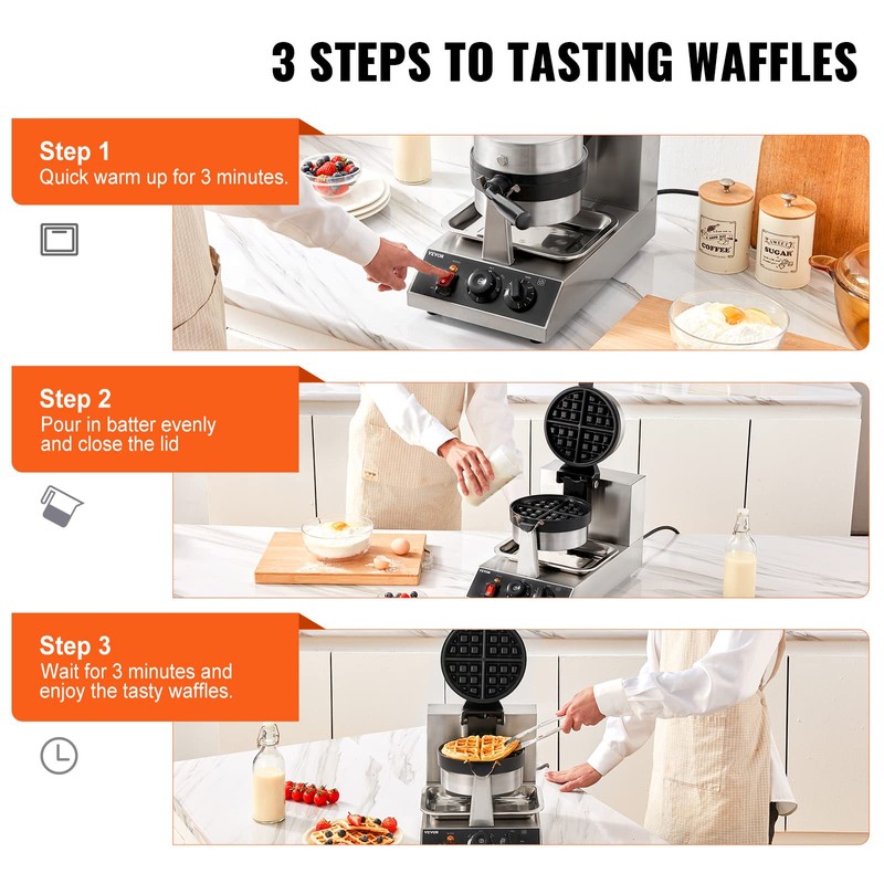 VEVOR Commercial Waffle Maker, 1300W Round Waffle Iron, Non-Stick Rotatable
