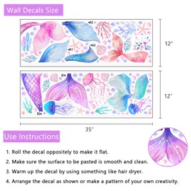 Yovkky Girls Mermaid Tail Wall Decals Stickers, Under The Sea Ocean Jellyfish Pearl Toddler Baby Nursery Decor, Beach Coastal Conch Coral Starfish Home Decorations Kids Bedroom Playroom Art