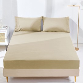 YIYEA Fitted Sheet with Pillowcase, Premium 1800 Thread Count Brushed Microfiber Fitted Sheet Queen, 16" Deep Pocket Fitted Bottom Sheet, Ultra Soft, and Fade Resistant (Queen, Khaki)