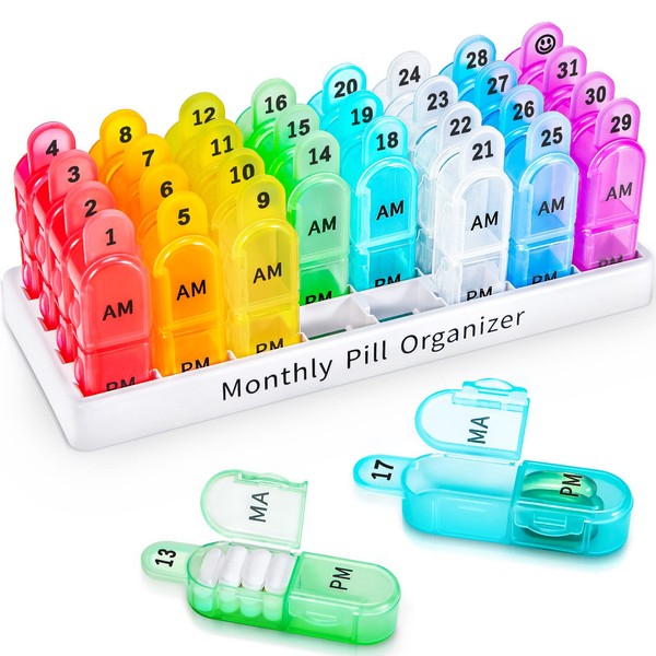 Zoksi Monthly Pill Organizer 2 Times a Day, 30 Day Pill Box Organizer Am Pm, Daily Pill Case with 32 Large Compartments for Each Day, Portable Travel Pill Container for Vitamins and Medicine