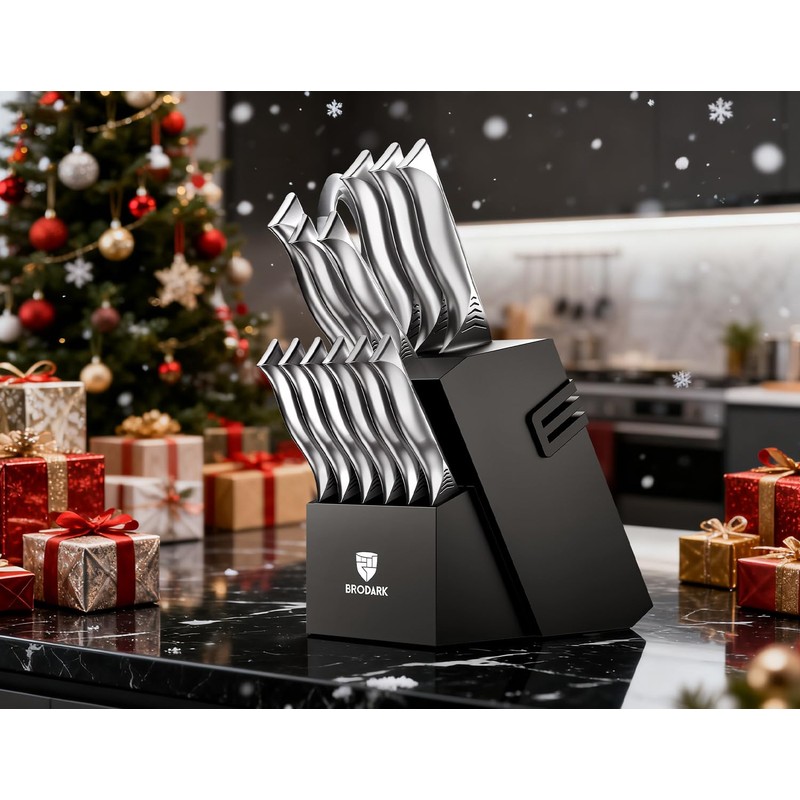 BRODARK Kitchen Knife Set with Block - 15-Piece Knife Block