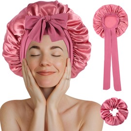 Adjustable Silk Bonnet for Sleeping, Sleep Cap Silk with Elastic Band, Satin Hair Cap, Hair Cap for Night, Satin Sleep Cap for Women and Girls (Bean Paste Colour)