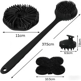 Cepillos Corporales de Silicona para Baño (Negro-set 4) Limpiador de Espalda, Cepillo de Masaje, Cepillo para Champú y Cepillo Facial