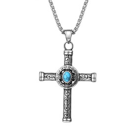 Flonge Blue Turquoise Cross Necklace: Religious Cross Pendant Necklace Vintage Blue Turquoise Necklace Bohemian Western Jewelry Unisex Birthday Gift