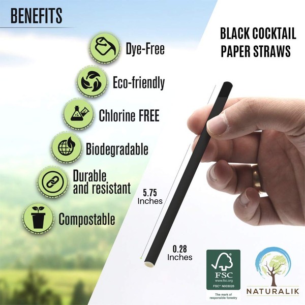 Naturalik 500pc Black Biodegradable Cocktail Paper Straws 5.75” Heavy Duty Premium Eco-Friendly Sip Stirrer Paper Straws Bulk- Drinking Straws for cocktail