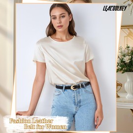 LEACOOLKEY - Paquete de 2 cinturones de piel para mujer, para jeans, vestido de moda, cinturón con hebilla dorada plateada, A-negro+café/hebilla dorada, 55": Suit waist size 46"-49"