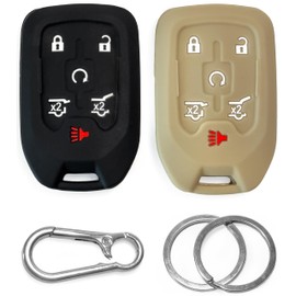 2-Pack Click&Fit Silicone Key Fob Covers Compatible with Chevy Suburban 2015-2021 Tahoe 2014-21, GMC Yukon 2014-21 – Car Remote Key Shell Rubber case 6-Buttons, Black+Beige