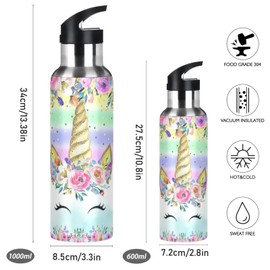 Linda botella de agua con aislamiento de unicornio para niños y niñas, de acero inoxidable con tapa de popote, para deportes, gimnasio, correr, 20 onzas