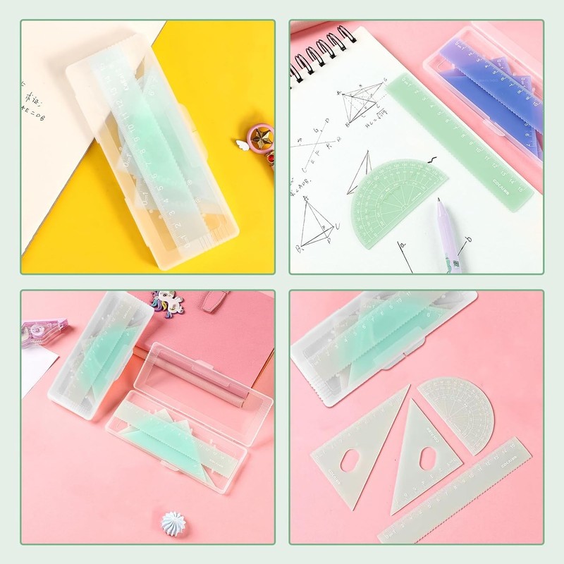 Jelly Color, 4-Piece Set, Triangle Ruler, Semicircle Protractor, Drawing Tool,